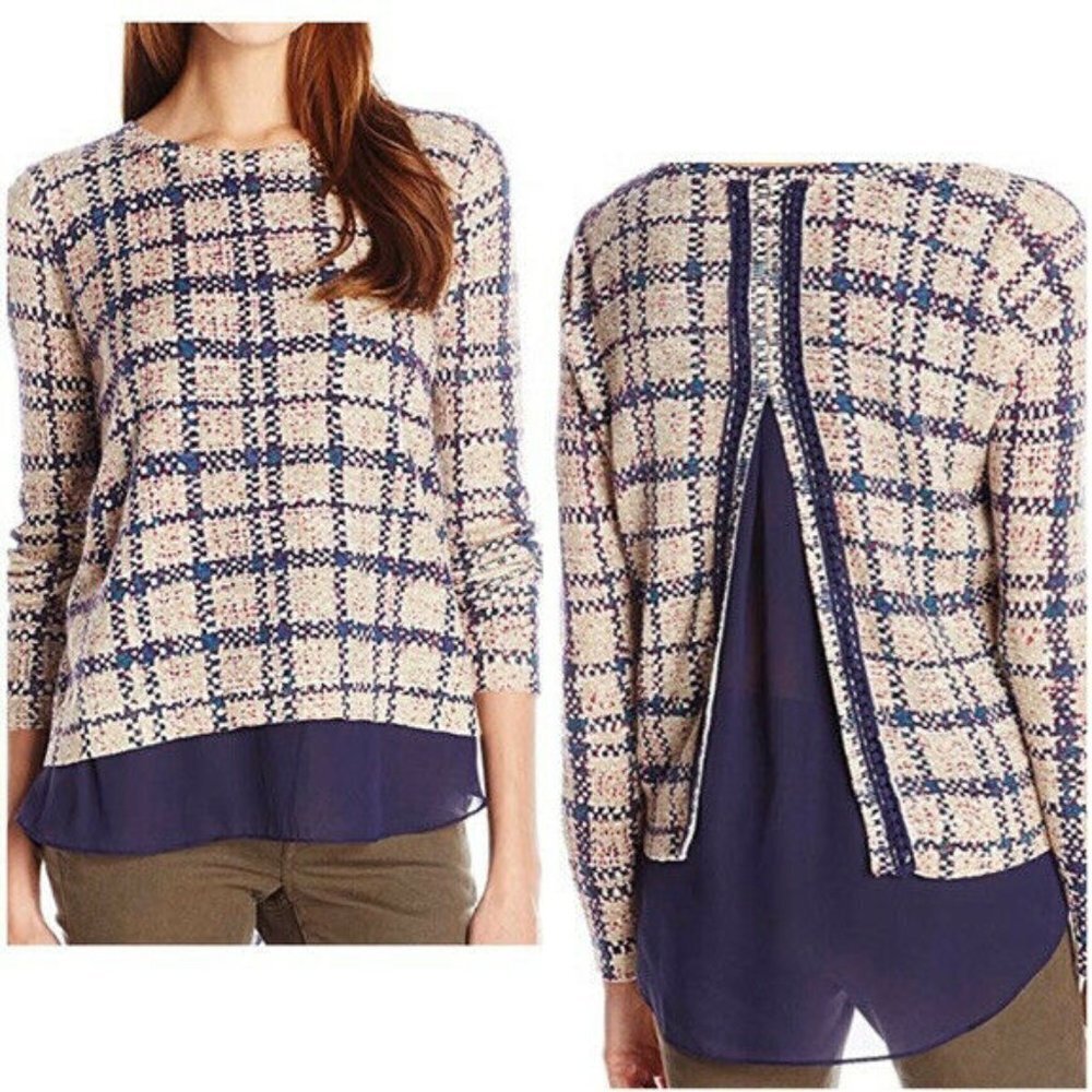 Lucky Brand XL Plaid Open Split Chiffon Sweater